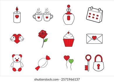 set of valentine (rose, rainbow, chocolate, key  lock, motorbike, heart, ring, love letter ) vector icon illustration on white background.