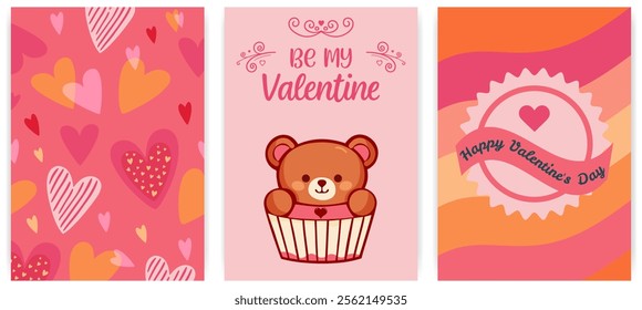 Set of Valentine s Day cards with heart patterns, teddy bear cupcake, and festive typography in pink and orange tones. Love vector templates for celebration, banner, ads, branding, poster, print.