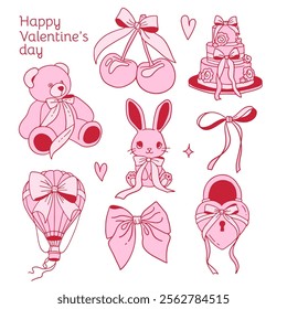 Set of Valentine s day coquette clipart with cute aesthetic bows clipart, pink ribbon, gifts, teddy, bunny, lock, hearts, cake. Hand drawn contour vector illustration.