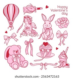 Set of Valentine s day coquette clipart with cute aesthetic bows clipart, pink ribbon, gifts, bunny, hot air balloon, angel, hearts, cup cake. Hand drawn contour vector illustration.