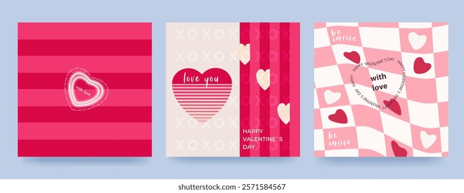 Set of Valentine s Day posters. Trendy minimalist aesthetic with gradients, typography, geometric elements. Modern design for banner, invitation, card, cover. Vector illustration