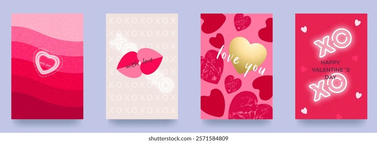 Set of Valentine s Day posters. Trendy minimalist aesthetic with gradients, typography, geometric elements. Modern design for banner, invitation, card, cover.