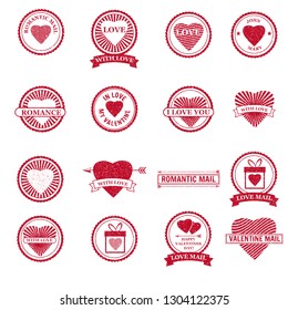 Set Valentine s Day and Wedding Romantic postage stamp post card, invitation design. Stamp in form heart and stamp for postcard illustration. Vector, template, isolated