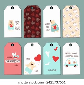 Set of Valentine s template tags for gift and presents with cute hand drawn teddy-bears and funny phrases. Collection labels with seamless patterns with attributes and love symbols. Vector 