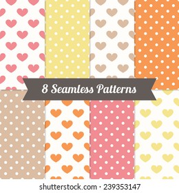Set of Valentine Seamless Patterns with Hearts and Polka Dot in Pink, Yellow, Beige, Orange and White. Perfect for wallpapers, pattern fills, web backgrounds, birthday, Valentine and wedding cards 