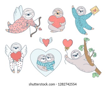 Set of valentine sloths with hearts. Vector illustration.Doodle slyle.Isolated on white background