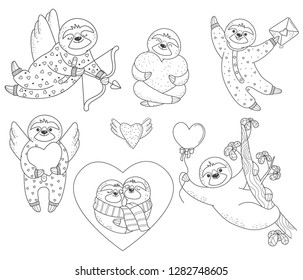 Set of valentine sloths with hearts. Vector illustration.Doodle slyle.Isolated on white background