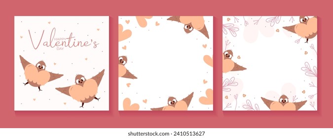 Set of Valentine social media post with birds,leaves and hearts. Banner with phrase Happy Valentine's day and copy space. Peach fuzz, pink, brown colors. Isolated on white. Vector illustration