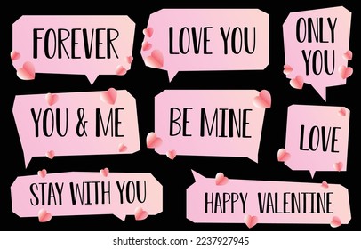 Set valentine speech bubbles on black background. chat vector with lettering for lovers. square and doodle message or communication icon Cloud speaking for comics and minimal message dialog