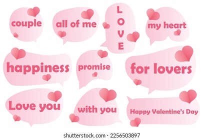 Set valentine speech bubbles on white background. chat vector with lettering for lovers. square and doodle message or communication icon Cloud speaking for comics and minimal message dialog