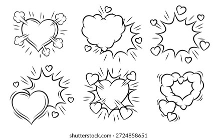 Set of Valentine speech bubbles. Romantic clouds and backgrounds in comic style. Love greeting cards.