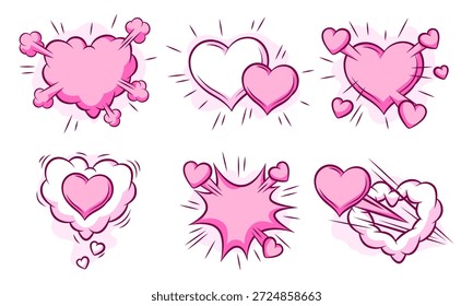 Set of Valentine speech bubbles. Romantic clouds and backgrounds in comic style. Love greeting cards.