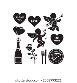 Set of valentine tattoos. Valentines Day Silhouette Vector Collection Love Romance Hearts Couples and Symbols
