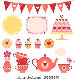 Set of Valentine tea party design elements.