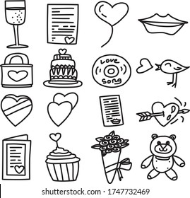 Un conjunto de íconos de plantilla de San Valentín adecuados para contenido deportivo, vacacional, romántico, vacacional, natural, al aire libre y aeroespacial con dibujos animados de doodle