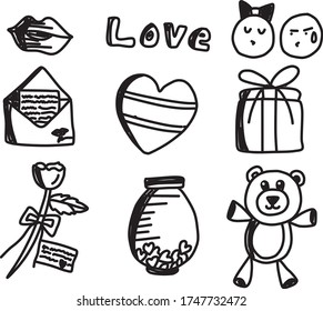 A Set of valentine template icons suitable for sport, holiday, romance, vacation, nature, outdoor and aerospace content with doodle cartoon style