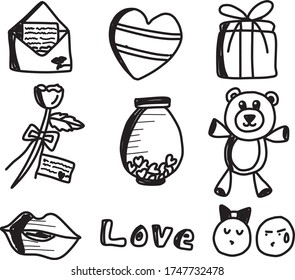 Un conjunto de íconos de plantilla de San Valentín adecuados para contenido deportivo, vacacional, romántico, vacacional, natural, al aire libre y aeroespacial con dibujos animados de doodle
