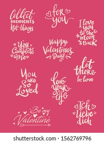 set of valentine themed hand lettering typography design