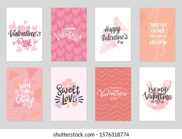 set of valentine themed hand lettering typography design with cute colorful background