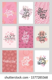 set of valentine themed hand lettering typography design with cute colorful background