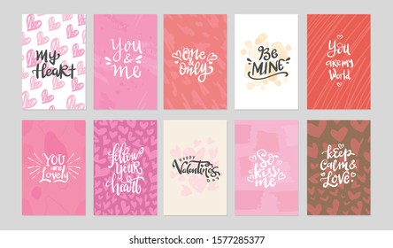 set of valentine themed hand lettering typography design with cute colorful background