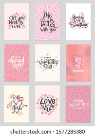 set of valentine themed hand lettering typography design with cute colorful background