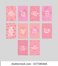 set of valentine themed hand lettering typography design with cute colorful background