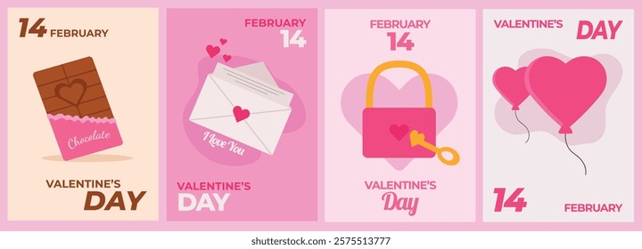 set of Valentine themed posters or background covers with objects related to Valentine