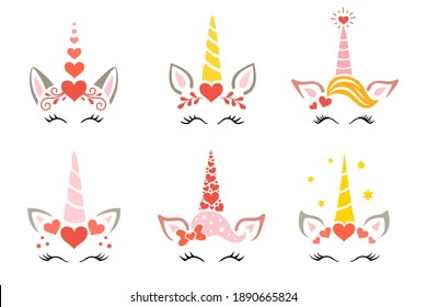 Set Of Valentine Unicorns. Cute Unicorn Head And Unicorn Face With Closed Eyes, Hearts, Horn And Long Eyelashes. Design For Kids Shirts Postcards And Posters. Fairy Magic Animals For Valentines Day Ca