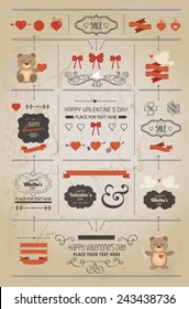 Set of Valentine vector elements, vintage banner, ribbon, labels, frames, badge, stickers. Vector ornaments and decorative element