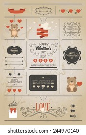 Set of Valentine vector elements, vintage banner, ribbon, labels, frames, badge, stickers. Vector ornaments and decorative element