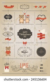 Set of Valentine vector elements, vintage banner, ribbon, labels, frames, badge, stickers. Vector ornaments and decorative element
