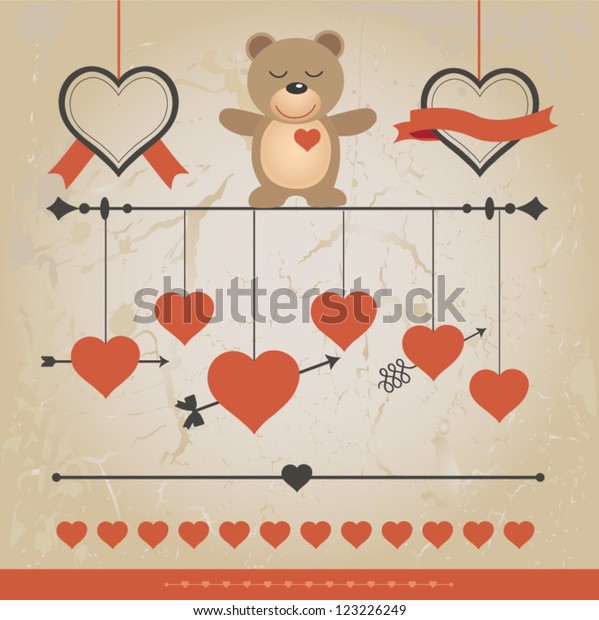 Set of Valentine vector elements, vintage banner,\
ribbon, labels, frames, badge, stickers. Vector ornaments and\
decorative element