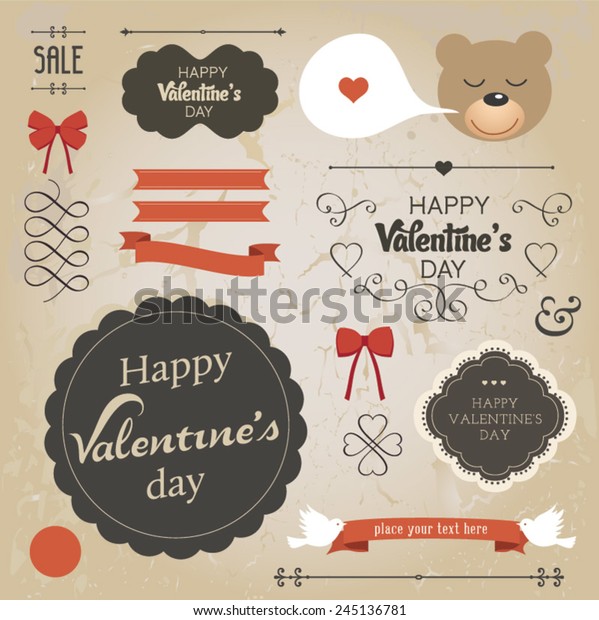 Set of Valentine vector elements, vintage banner,\
ribbon, labels, frames, badge, stickers. Vector ornaments and\
decorative element