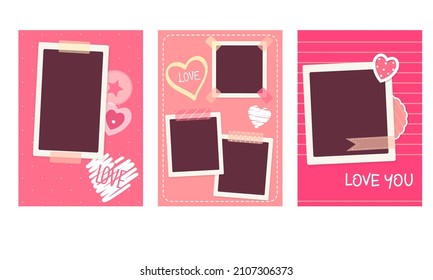 Set of Valentine vintage backgrounds with retro photos, sticker and labels. Mock up template. Copy space for text. Collection of Valentine's day card for holiday or scrapbooking design. Vector EPS 10