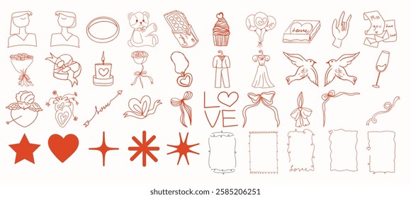 Set of Valentine  whimsical  hand drawn  illustrations for Valentine's Day,wedding,invitation,card,cover, banner, poster and more