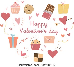 A set of Valentine-related doodle illustrations such as chocolates, cupcakes, hearts, letters, cookies and sweets