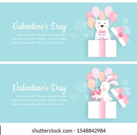 Set of valentine's banners with rabbit and bear standing in a gift box .