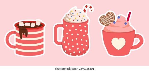 Set Of Valentines Beverages, Drinks With Marshmallow Vector Illustration With Hearts In Flat Style