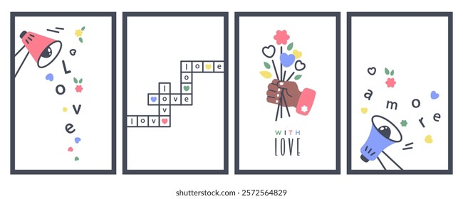 Set of Valentines cads. Loudspeaker with Love message. Cartoon Sound horn. Human Hand holding bouquet of Flowers. Black man Giving Flower. Crossword puzzle with romantic lettering. Vector