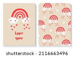 Set of Valentines card and seamless pattern with cute rainbow and hearts