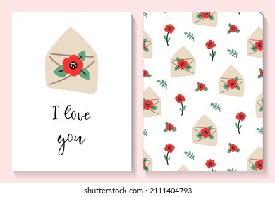 Set of Valentines card and seamless pattern with love letter, heart and flowers