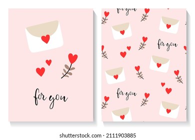 Juego de tarjetas de San Valentín y patrón impecable con carta de amor, corazón y flores