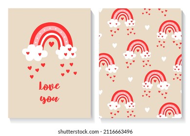 Set of Valentines card and seamless pattern with cute rainbow and hearts