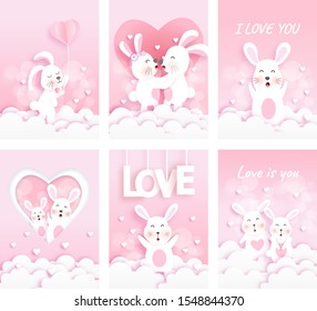 Set of valentine's cards with cute rabbits in paper cut and craft style .