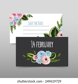 Set of valentines cards with painted flowers, plants, leaves. Vector illustration