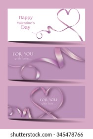 Set of valentine's cards with rose heart-shaped ribbons