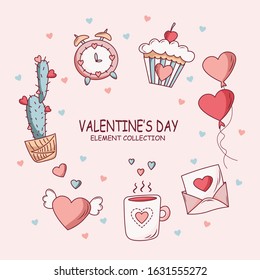 Set of Valentine's cute doodles and design elements. Collection of Valentine's Day elements in flat cartoon style. 14 February. Love design.