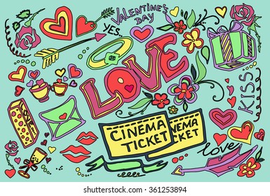 Set of Valentines cute doodles and design elements.