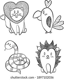 Set of Valentine's day Animals, Cute Hand Drawn Vector Illustrations isolated on white background